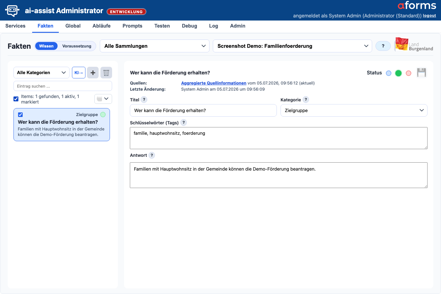Fakten-Maske in der Sicht Wissen mit Servicefilter, Wissenskartenliste, Mehrfachauswahl, Statusaktion und Detailbereich