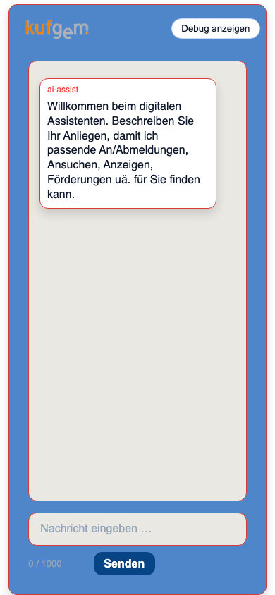 Mobile Ansicht des Bürgerchats mit Logo, Begrüssungsnachricht, Eingabefeld und Senden-Schaltfläche